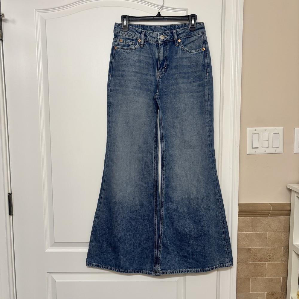 M&S Medium Wash High‎ Rise Super Flared Denim Jeans Blue Women's 5-Pocket Size 8